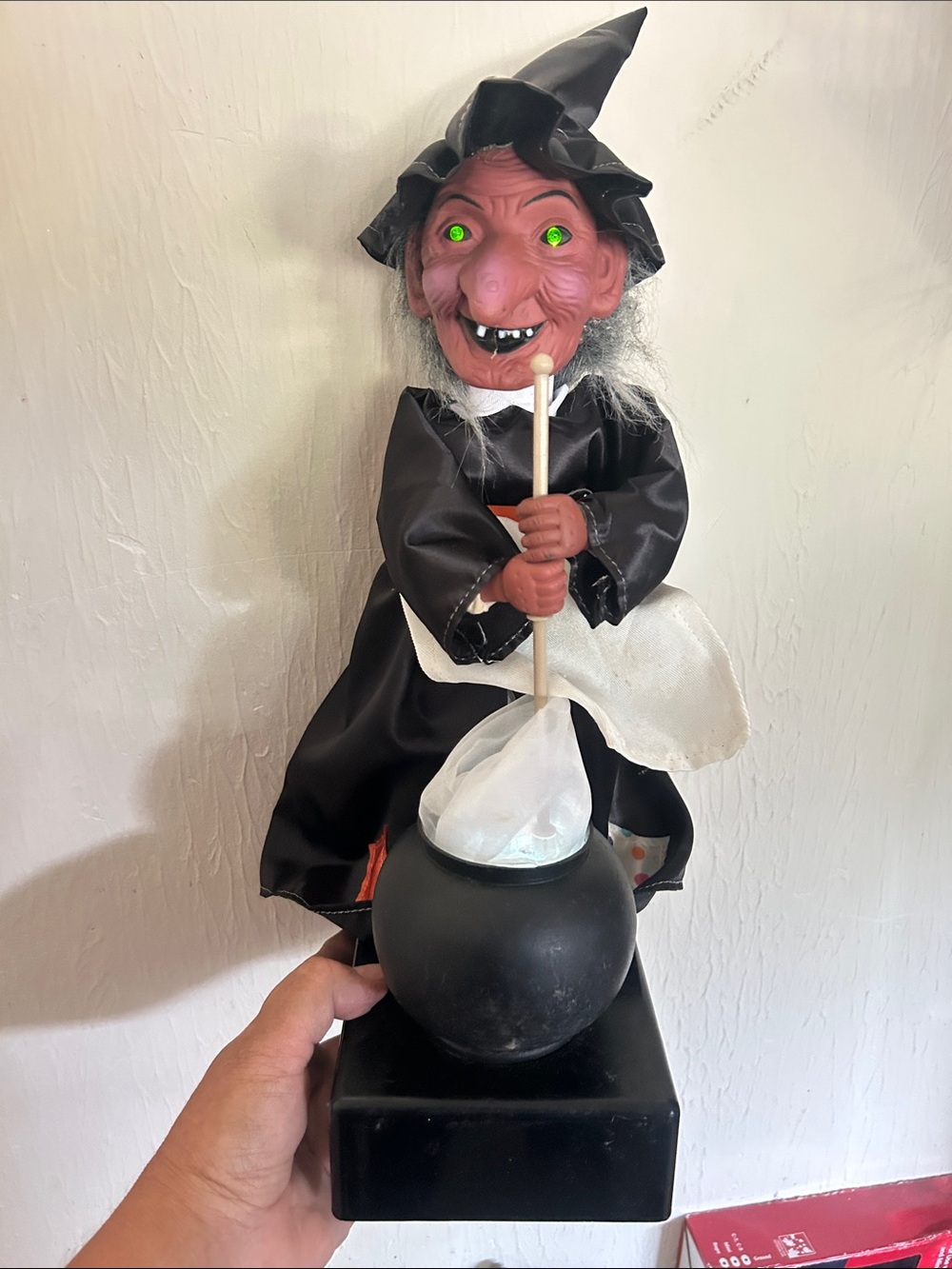 Spooky Witch Figurine with Cauldron - Black & Pink Accent